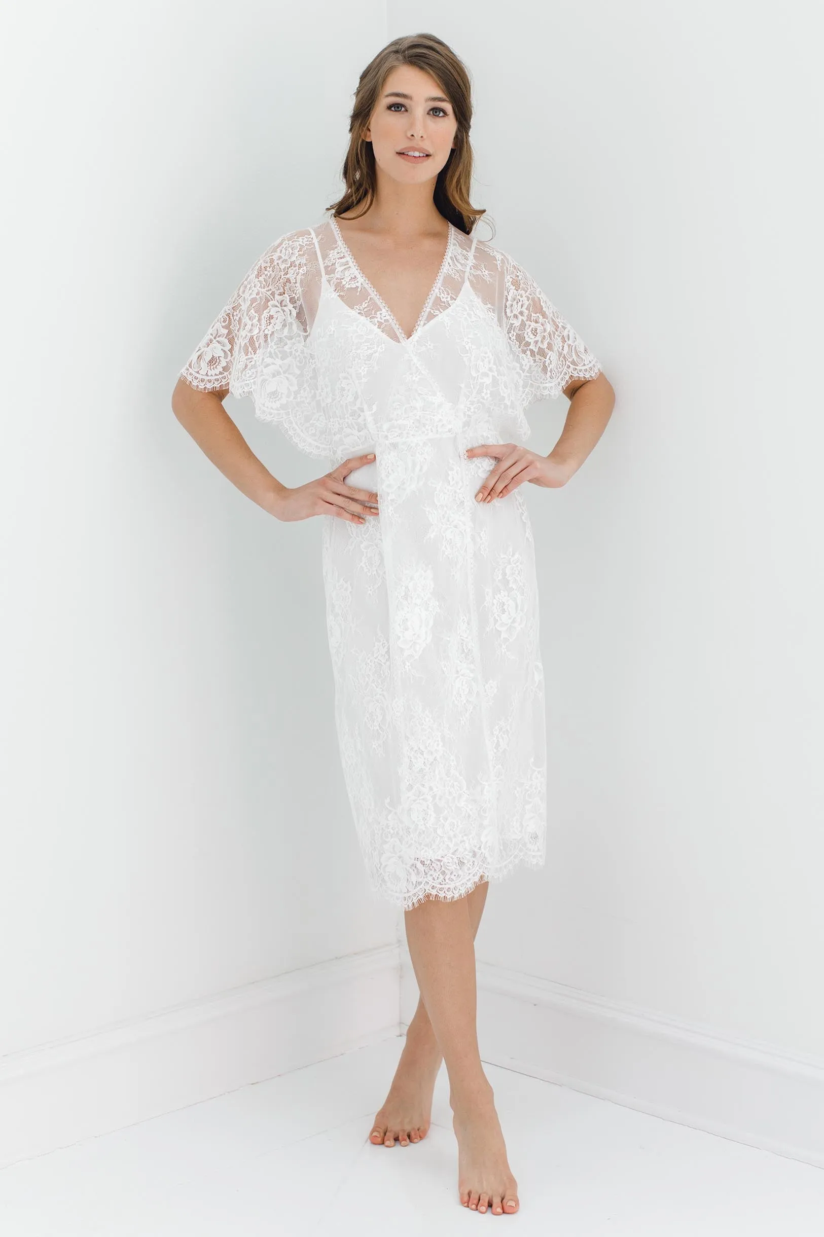 Anita Midi lace robe with flutter kimono sleeves in Ivory