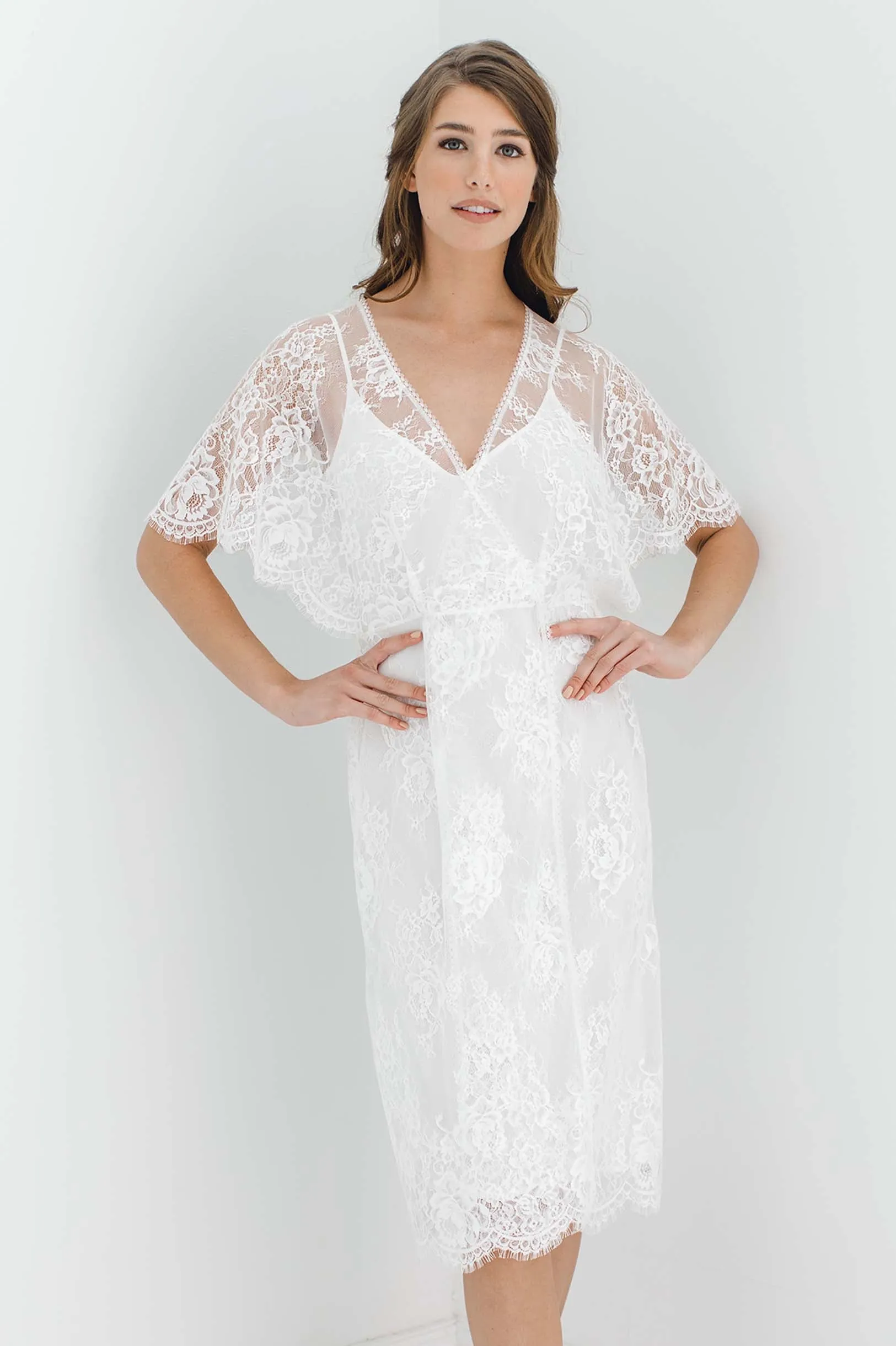 Anita Midi lace robe with flutter kimono sleeves in Ivory