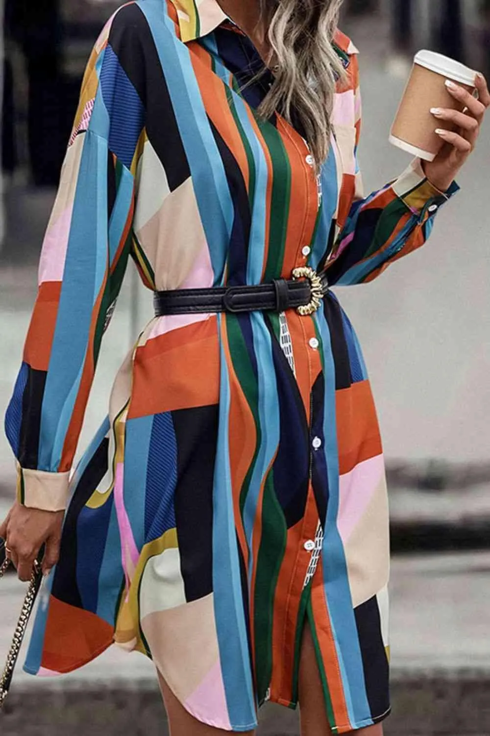 Artsy Abstract Print Long Sleeve Shirt Dress