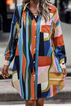 Artsy Abstract Print Long Sleeve Shirt Dress