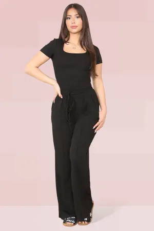 Black Trendy Square Neck Shaping Bodysuit & High Waist Wide Leg Trousers Co-ord