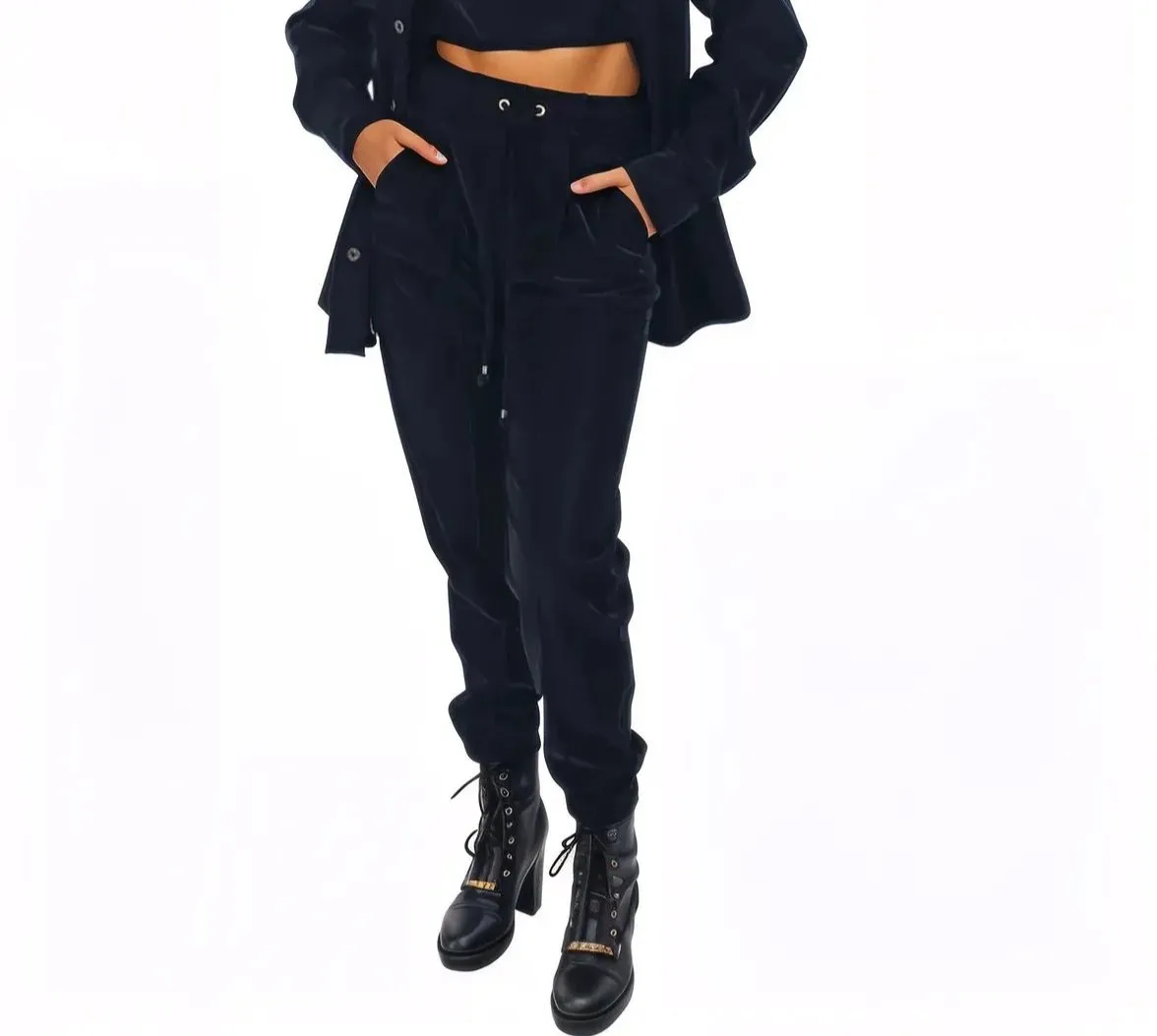 Buttery Soft Velvet Jogger Pants with Adjustable Waistband Black