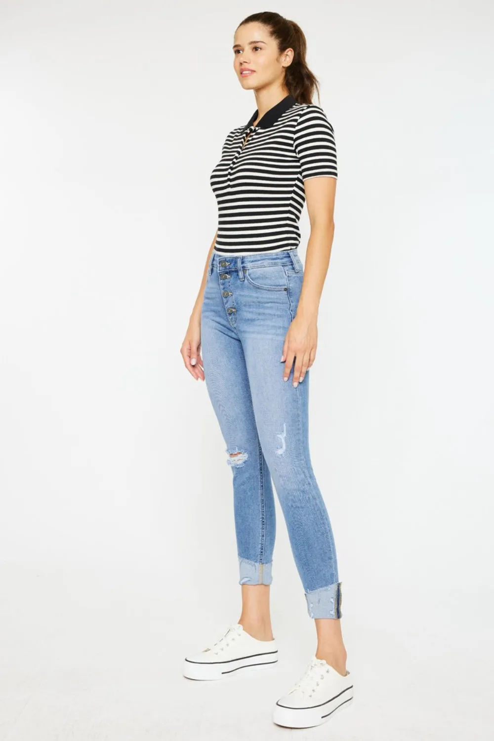 Delilah Distressed Cat's Whiskers Button Fly Jeans Kancan