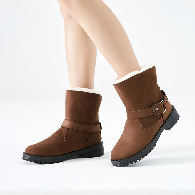 Hasp Strap Round Toe Velvet Thick Flat Warm Short Snow Boots