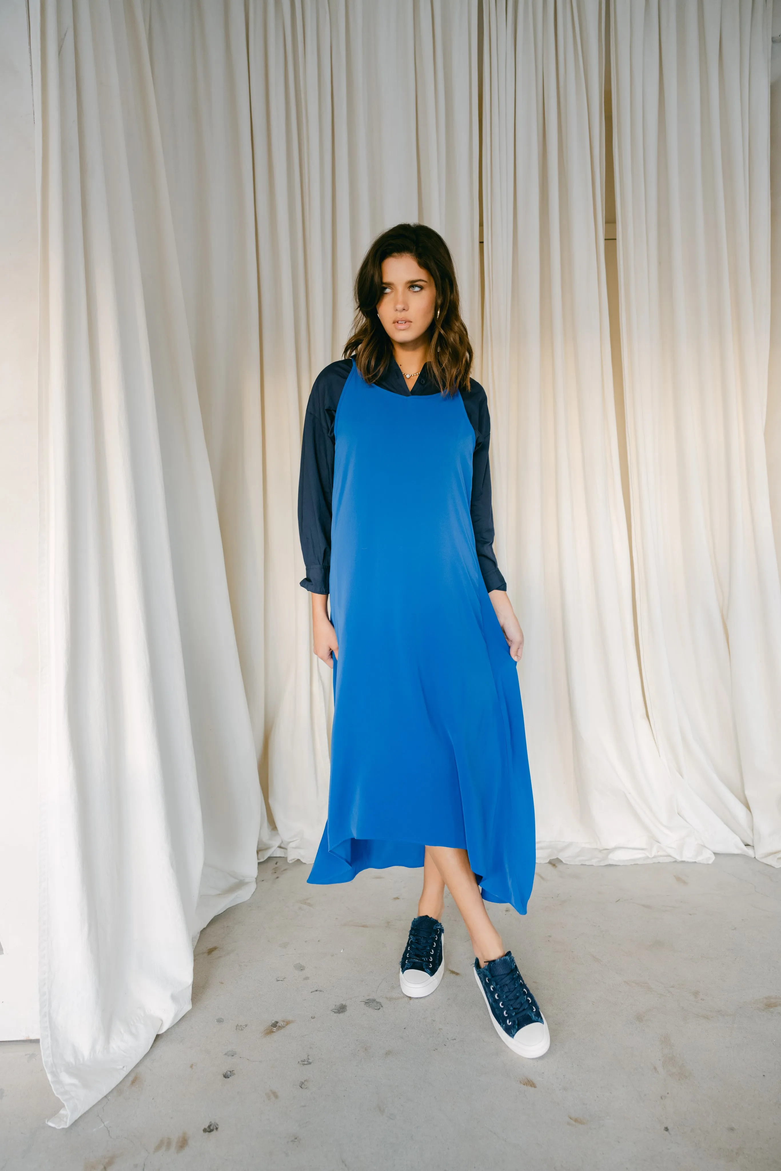Point hi low slip dress