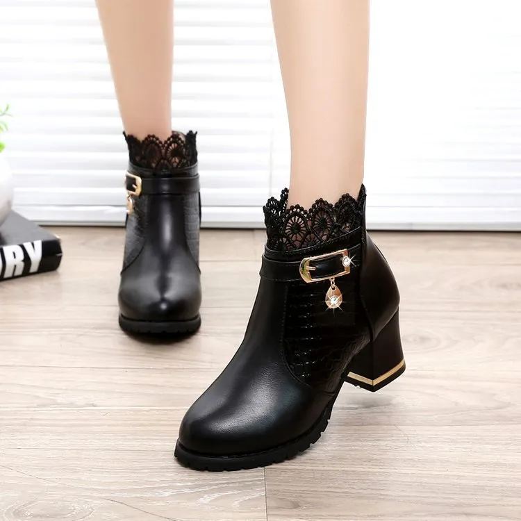 Round Toe Lace Cut Out Crystal Low Chunky Heel Short Thick Boots