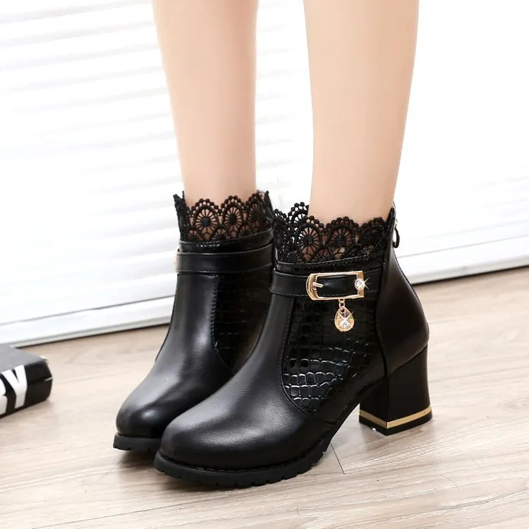 Round Toe Lace Cut Out Crystal Low Chunky Heel Short Thick Boots
