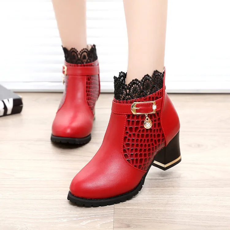 Round Toe Lace Cut Out Crystal Low Chunky Heel Short Thick Boots